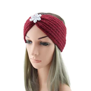 Red knit headband for women winter warm ear warmer hair band with crystal flower decor