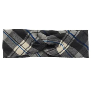 Detailed shot of the gray plaid twisted headband showcasing soft knit fabric and knot detail.