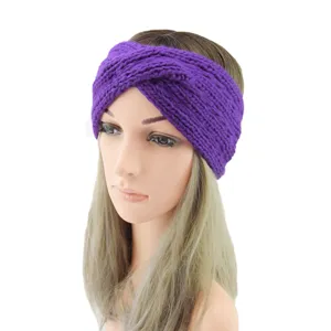 Purple chunky knit headband, stylish cross design ear warmer winter hair accessory detail.