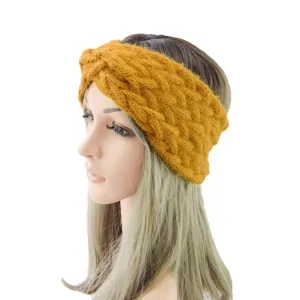 Mustard yellow knitted twist headband detail, cozy wool ear warmer, soft winter hair item.