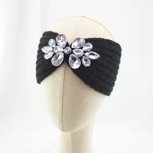 Black knitted rhinestone headband cozy winter ear warmer crystal hair accessory detail