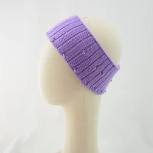 Purple knitted headband, distressed design, stylish ear warmer, perfect for sports and yoga.