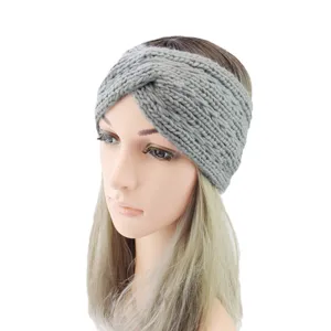 Grey twisted knitted headband winter warm ear warmer thick wool hair band for women
