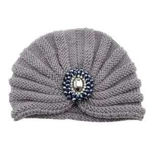 Grey knitted turban hat with sparkling crystal beaded brooch bohemian headwrap winter warm
