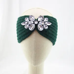 Dark green knitted crystal headband ear warmer winter warm rhinestone hair accessories for women