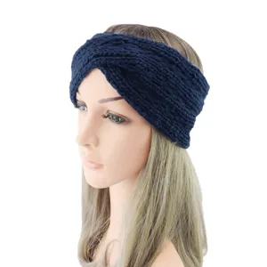 Close-up detail of the dark blue chunky knit headband, stylish cross design ear warmer.