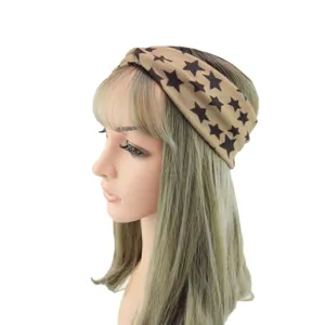 Khaki black star print twist headband, stylish casual fabric hair band for daily wear.