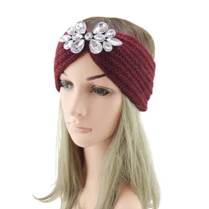 Wine red knitted rhinestone headband for women, winter warm wool hair accessory crystal.