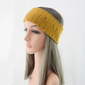 Mustard yellow distressed knitted headband detail, cozy ear warmer for yoga, sports and daily wear.