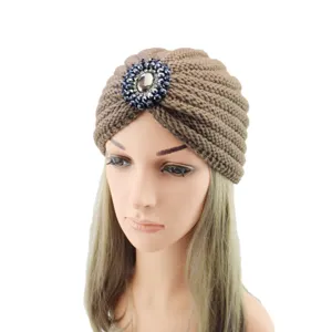 European and American knitted gemstone turban hat with crystal brooch, elegant winter warm beanie.