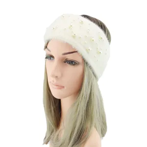 Gepflegte Strick Stirnband Damen Winter warme Pelz Haarband mit Perlen Haarschmuck