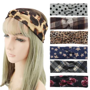 Women Elastic Fabric Printed Criss Cross Knot Headband Leopard Polka Dot Plaid Star Floral Pattern Sport Yoga Hairband Gift