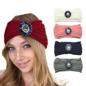 Knitted winter headband with sparkling rhinestone crystal decoration for women style.