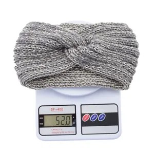 Grey metallic knit twist headband, cozy winter hair accessory for women and daily wear.