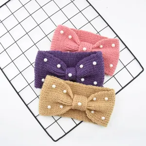 Knitted pearl bow headband set, handmade cozy hair accessories for face washing and daily wear.