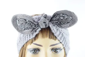 Fascia per capelli con orecchie di coniglio in maglia a trecce grigia accessorio invernale