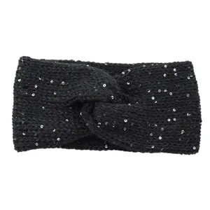 Black knitted twist headband with sparkling sequins, stylish winter warm hair accessory.