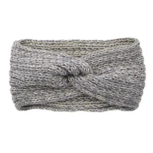 Close-up view of grey knitted twist headband with shimmering gold thread details.