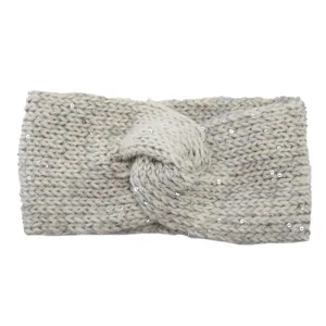Close-up detail of knitted twist headband with sparkling sequins, cozy winter hair accessory.