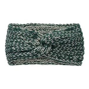 Detailed shot of dark green metallic knit twist headband, warm cozy winter hair accessory.