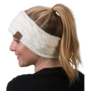 Knitted ponytail headband with C.C leather tag, winter warm cable knit hair band for women.
