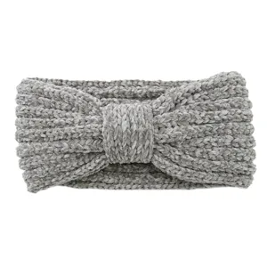 Graues Strick Stirnband Detailansicht, weiches Chenille Schleife Haarband fuer den Winter.