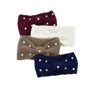 Detailed view of handmade knitted pearl bow headbands in various colors for daily wear.