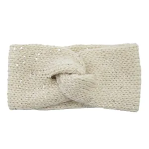 Close-up detail of beige knitted sequin twist headband, soft winter hair accessory warm.