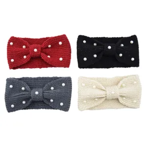 Detailed view of knitted pearl headbands in four colors, featuring elegant bow designs.
