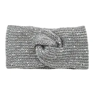 Close-up detail of grey knitted twist headband with sparkly sequins and warm texture.
