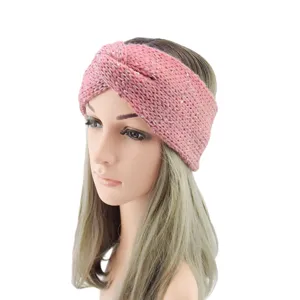 Pink knit sequin headband for women, cozy winter ear warmer and braided hair accessory.