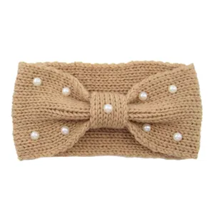 Knitted wool headband detail, elegant pearl embellishments, cozy bow design for daily wear.