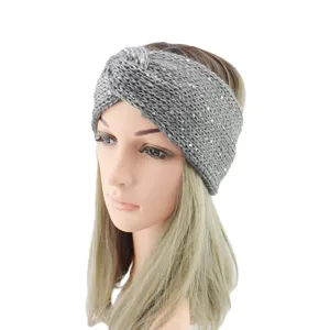 Grey knit sequin headband detail shot, perfect for cozy winter wear and elegant everyday hairstyles.