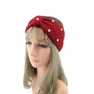Red knitted headband for women with pearls bow design winter warm fashion hair accessories
