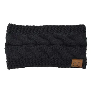 Black cable knit headband for women, cozy winter ear warmer with stylish C.C brand leather patch.