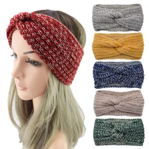 Women Fashion Euro Style Hand Knitted Crossed Metallic Thread Yarn Headband Ear Warmer Geometric Elastic Winter Warm Hair Accessories Party Everyday Headwear