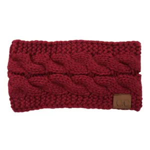 Red cable knit headband for women, thick winter ear warmer hair accessory with leather logo patch.