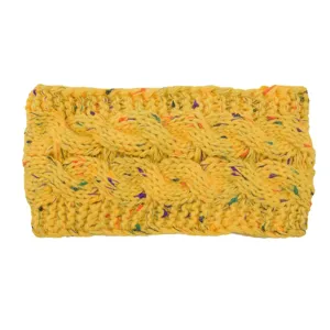 Fascia per capelli in maglia a trecce gialla con punti colorati, accessorio invernale donna.