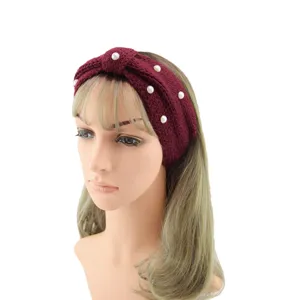 Knitted pearl headband for women, winter warm wine red hair band stylish hair accessories.