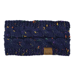 Close-up detail of dark blue cable knit headband with colorful specks and C.C logo patch.