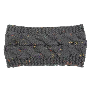 Dettaglio di una fascia lavorata a maglia grigio scuro con punti colorati, accessorio invernale.
