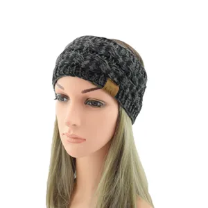 Detailed view of the dark grey cable knit headband with C.C leather tag for women.