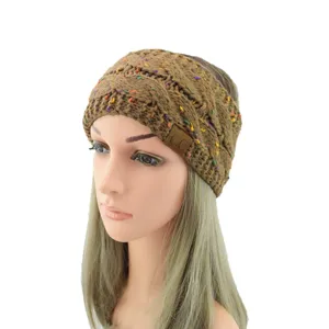 Chunky knit headband for women, stylish brown cable knit hair band with colorful speckles.