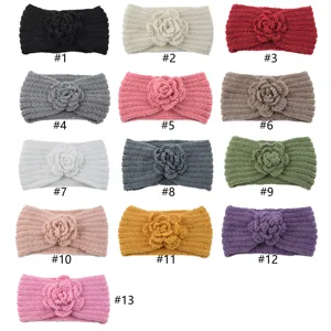 Chunky knit headband with crochet flower winter warm ear protection hair accessories for women