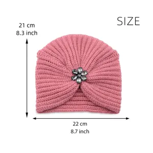 Damen Winter Strick Turban Mütze mit Kristall Blume Brosche bohemian warme Beanie Hut Gr 22cm