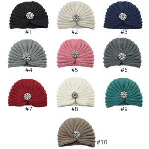 Women's winter warm knitted turban hat with crystal brooch bohemian style headwear