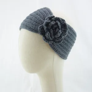 Grey knitted wool headband with crochet flower winter warm hair accessory for women girls