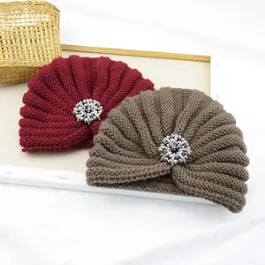 Knitted turban hat with silver crystal rhinestone brooch detail, autumn winter warm beanie cap.