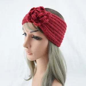 Red knitted flower headband winter warm wool hair band cute crochet hair accessories for women