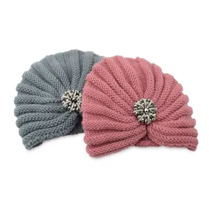 Knitted beanie hat with crystal brooch detail, winter warm bohemian turban cap for women.